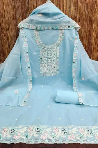 Women's sky blue thread embroidery chanderi cotton dress material