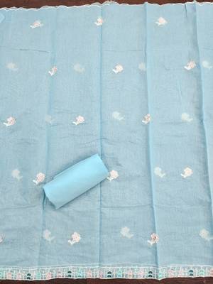 Women's sky blue thread embroidery chanderi cotton dress material 4