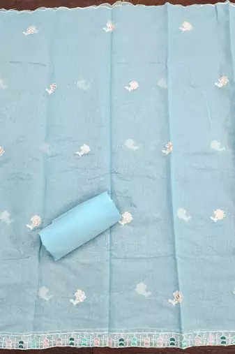 Women's sky blue thread embroidery chanderi cotton dress material