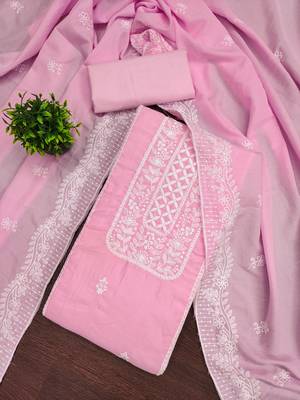 Women's baby pink thread embroidery parampara silk cotton dress material 1