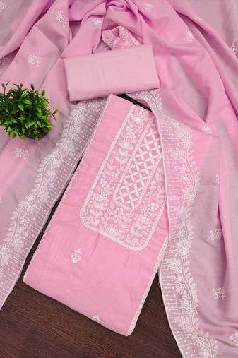 Women's baby pink unstitched thread embroidery parampara silk cotton dress material (mt652bpk)