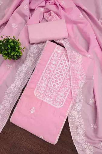 Women's baby pink unstitched thread embroidery parampara silk cotton dress material (mt652bpk)