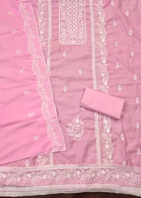 Women's baby pink thread embroidery parampara silk cotton dress material 2