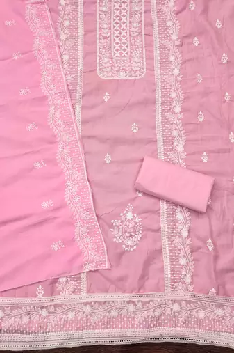 Women's baby pink thread embroidery parampara silk cotton dress material