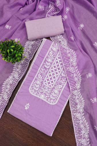 Women's levender unstitched thread embroidery parampara silk cotton dress material (mt652ldr)