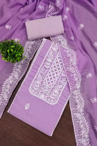Women's levender unstitched thread embroidery parampara silk cotton dress material (mt652ldr)