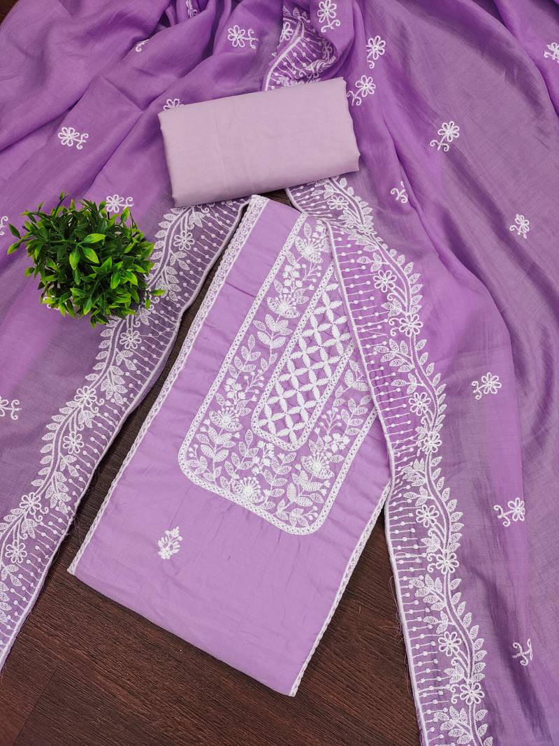 Women's levender unstitched thread embroidery parampara silk cotton dress material (mt652ldr)