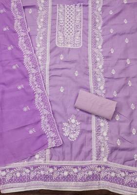Women's levender thread embroidery parampara silk cotton dress material 2