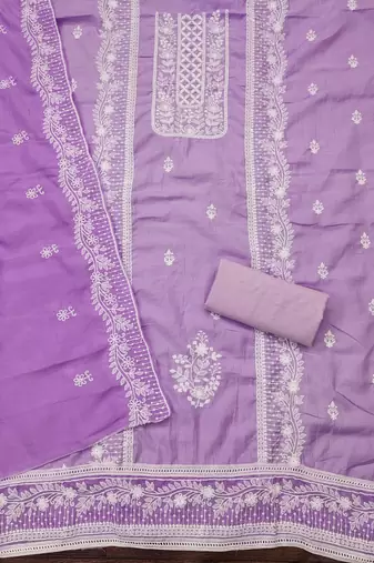 Women's levender thread embroidery parampara silk cotton dress material