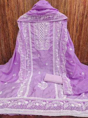 Women's levender thread embroidery parampara silk cotton dress material 3