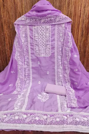 Women's levender thread embroidery parampara silk cotton dress material