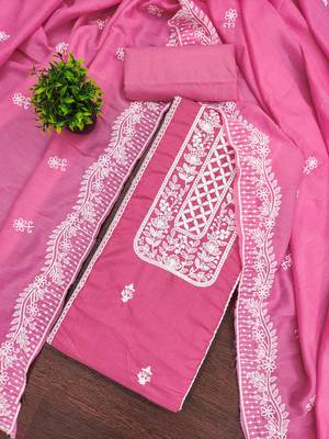 Women's pink thread embroidery parampara silk cotton dress material 1