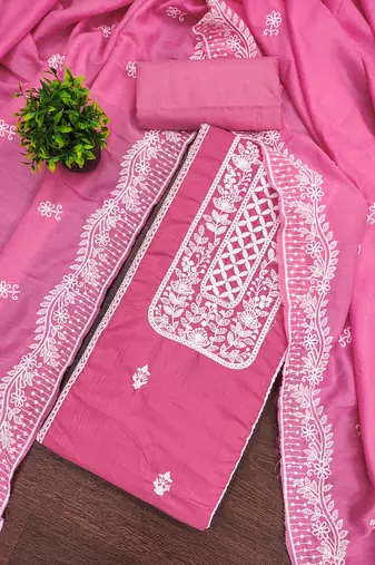 Women's pink unstitched thread embroidery parampara silk cotton dress material (mt652pnk)