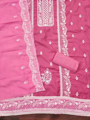 Women's pink thread embroidery parampara silk cotton dress material 2