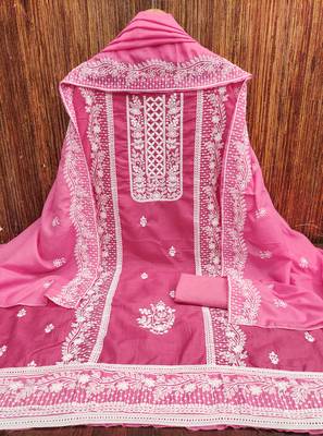 Women's pink thread embroidery parampara silk cotton dress material 3