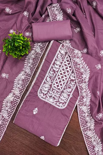 Women's purple unstitched thread embroidery parampara silk cotton dress material (mt652ppl)