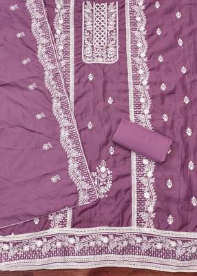 Women's purple thread embroidery parampara silk cotton dress material 2