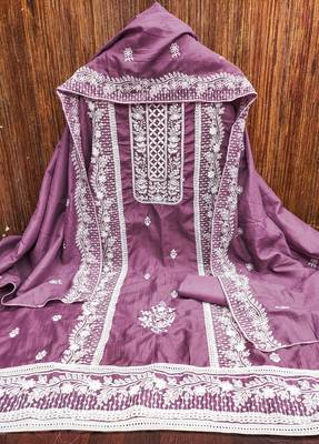 Women's purple thread embroidery parampara silk cotton dress material 3