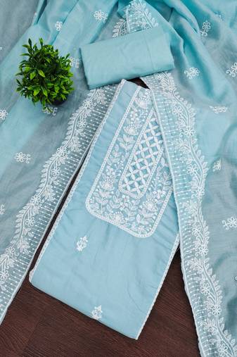 Women's sky blue unstitched thread embroidery parampara silk cotton dress material (mt652sbl)