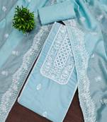 Women's sky blue unstitched thread embroidery parampara silk cotton dress material (mt652sbl)
