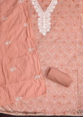 Women's peach foil print embroidered modal chanderi dress material 2