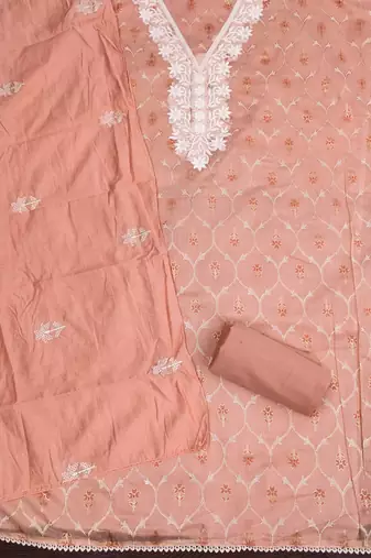 Women's peach foil print embroidered modal chanderi dress material