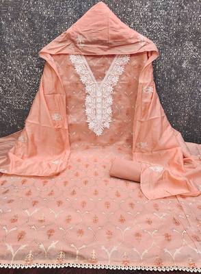 Women's peach foil print embroidered modal chanderi dress material 3