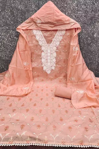 Women's peach foil print embroidered modal chanderi dress material