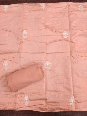 Women's peach foil print embroidered modal chanderi dress material 4