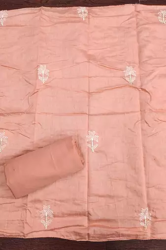 Women's peach foil print embroidered modal chanderi dress material
