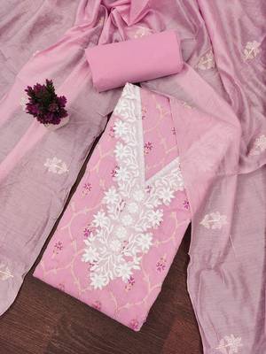 Women's pink foil print embroidered modal chanderi dress material 1