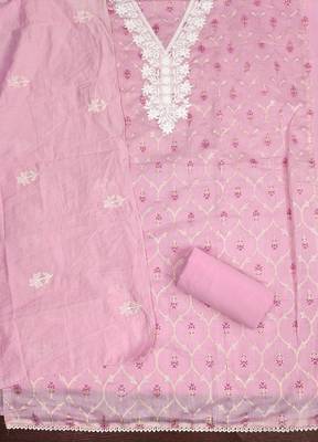 Women's pink foil print embroidered modal chanderi dress material 2