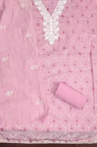 Women's pink foil print embroidered modal chanderi dress material