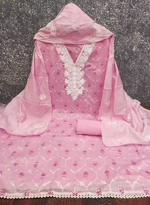 Women's pink foil print embroidered modal chanderi dress material 3