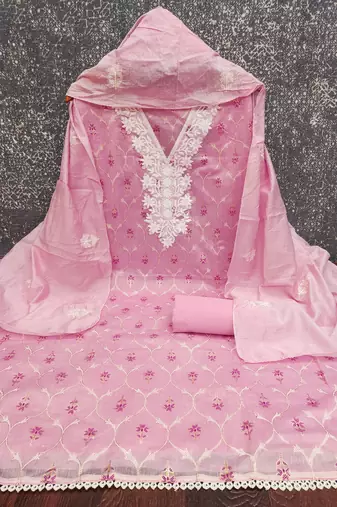 Women's pink foil print embroidered modal chanderi dress material