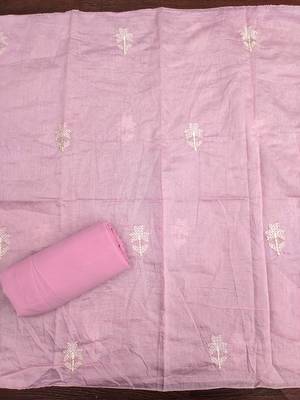 Women's pink foil print embroidered modal chanderi dress material 4