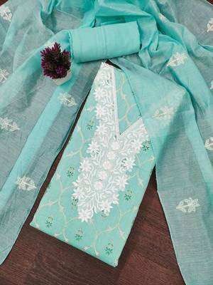 Women's sea green foil print embroidered modal chanderi dress material 1