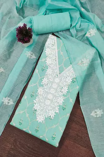 Women's sea green unstitched foil print embroidered modal chanderi dress material (mt653sgn)