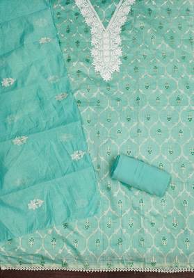 Women's sea green foil print embroidered modal chanderi dress material 2