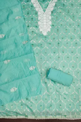 Women's sea green foil print embroidered modal chanderi dress material
