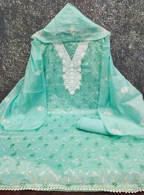 Women's sea green foil print embroidered modal chanderi dress material 3