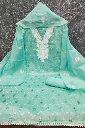 Women's sea green foil print embroidered modal chanderi dress material