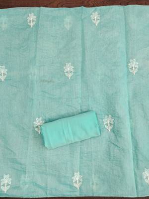 Women's sea green foil print embroidered modal chanderi dress material 4