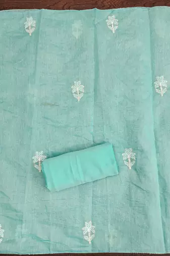 Women's sea green foil print embroidered modal chanderi dress material