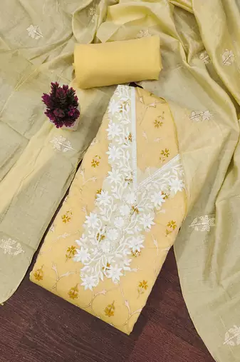 Women's yellow unstitched foil print embroidered modal chanderi dress material (mt653ylw)