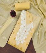 Women's yellow unstitched foil print embroidered modal chanderi dress material (mt653ylw)