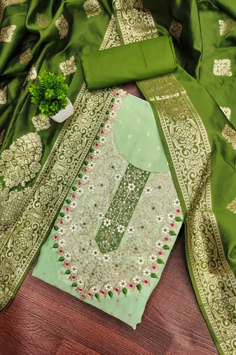 Women's light green unstitched weaving handwork simmar dress material (mt654grn)