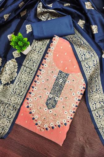 Women's peach unstitched weaving handwork simmar dress material (mt654pch)