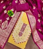 Women's yellow unstitched weaving handwork simmar dress material (mt654ylw)