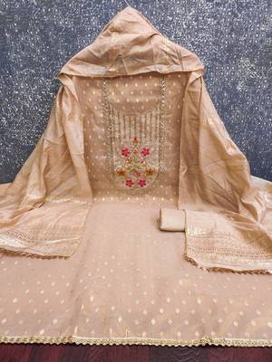 Women's beige weaving handwork simmar dress material 3